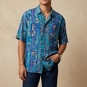 Structure Teal and Blue Geometric Short-Sleeve Button-Down Shirt